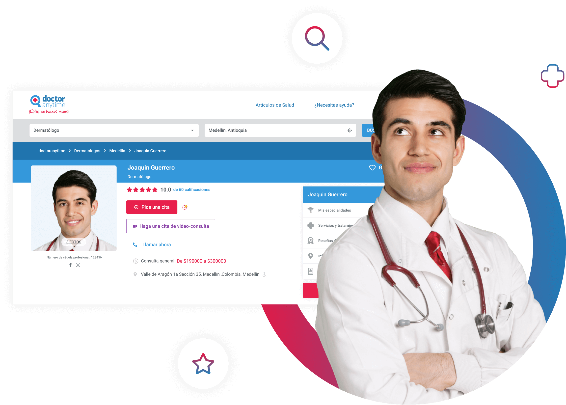 Médico Dermatólogo con su perfil completo en la plataforma médica de Doctoranytime para hacer consultas médicas en línea.