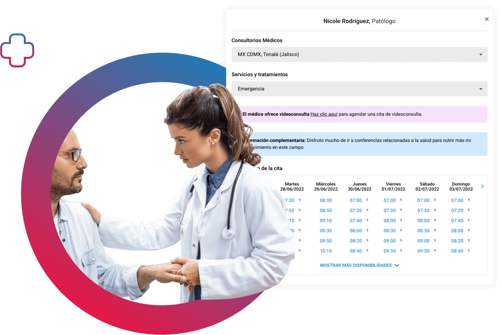 doctora saludando a otro doctor mientras se revisa la disponibilidad de horario de la plataforma medica de doctoranytime